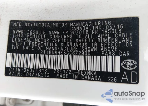 2016 Toyota Corolla Le z USA, uszkodzony, nr VIN 2T1BURHE5GC672900